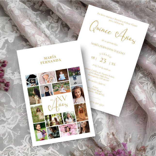 Papier Budget Collage tendance 15 Años 16 Photos Espagnol (Inexpensive Cheap Trendy Collage 15 Años 16 Photos Spanish Quinceañera Time Life Invitation Card.)