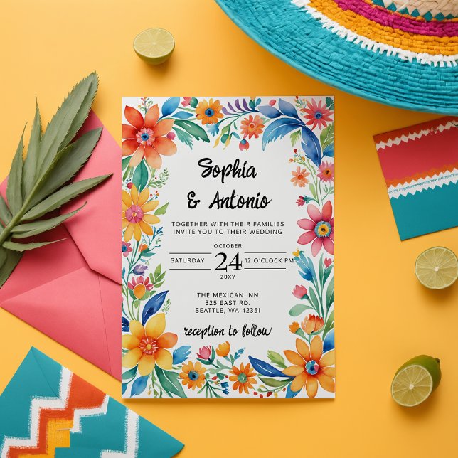 Papier Budget Coloré mexicain Floral Fiesta Mariage (Colorful Mexican Floral Fiesta Wedding Invitation)