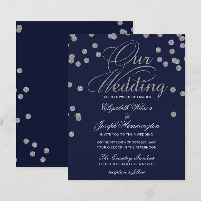 Papier Budget Confetti Marine Argent Faire-part de mariag (Devant / Derrière)