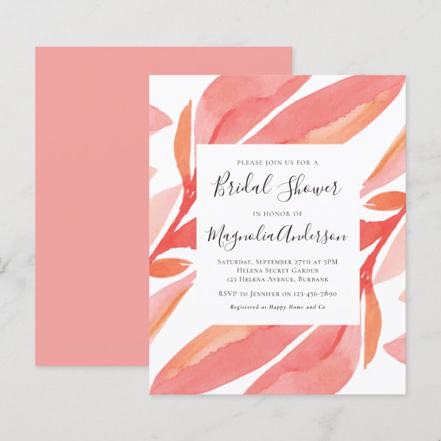 Papier Budget Coral Botanique Douche nuptiale Invitation (Devant / Derrière)