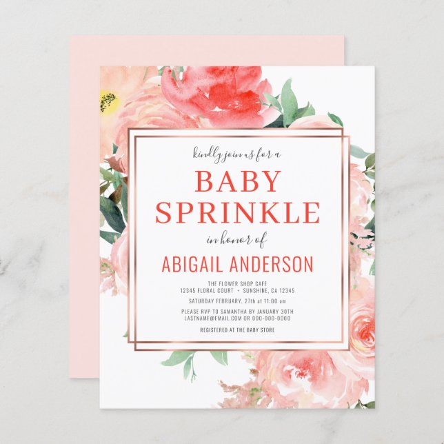 Papier Budget Coral Floral Peach Baby Sprinkle Invitation (Devant / Derrière)