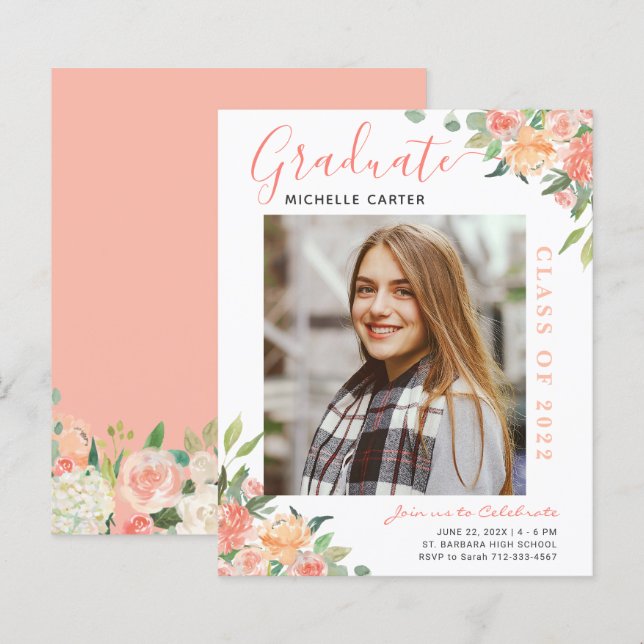 Papier Budget Coral Floral Photo Graduation Faire-part (Devant / Derrière)