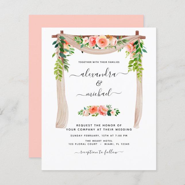 Papier Budget Coral Peach Floral Arc Mariage (Devant / Derrière)