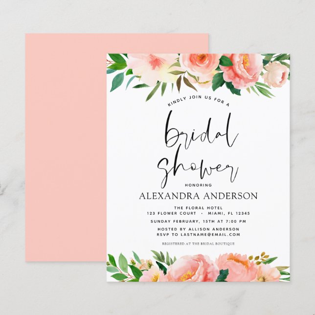Papier Budget Coral Peach Floral Bridal Show Invitation (Devant / Derrière)