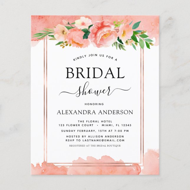 Papier Budget Coral Peach Floral Bridal Show Invitation (Devant)