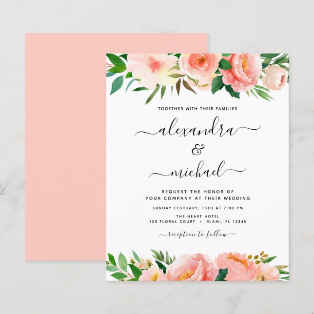 Papier Budget Coral Peach Floral Faire-part de mariage (Devant / Derrière)