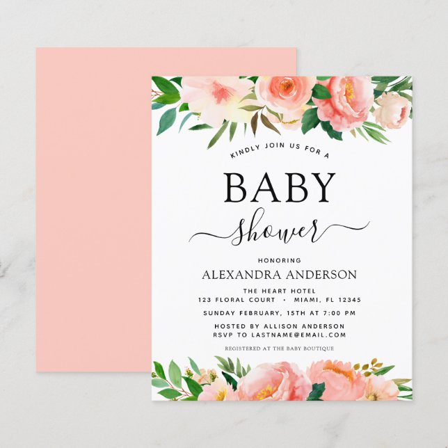 Papier Budget Coral Pêche Baby shower Floral Invitation (Devant / Derrière)