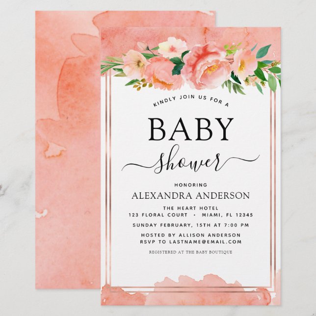 Papier Budget Coral Pêche Baby shower Pastel Invitation (Devant / Derrière)