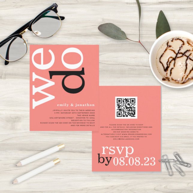 Papier BUDGET Coral Rose Texte QR Code Mariage Invitation (Créateur téléchargé)