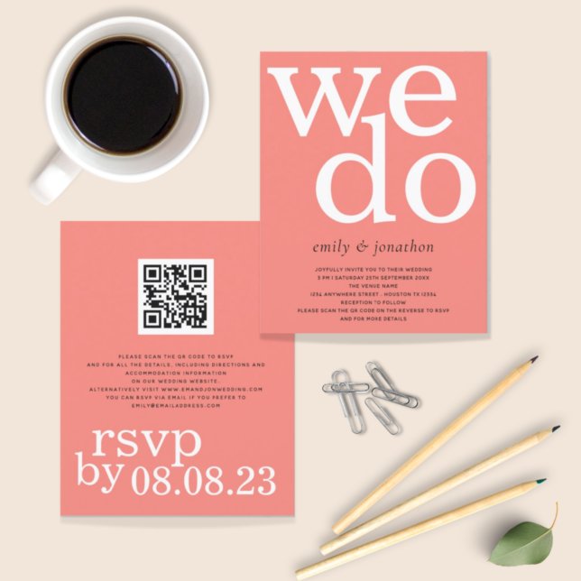 Papier BUDGET Coral Rose Texte QR Code Mariage Invitation (Créateur téléchargé)