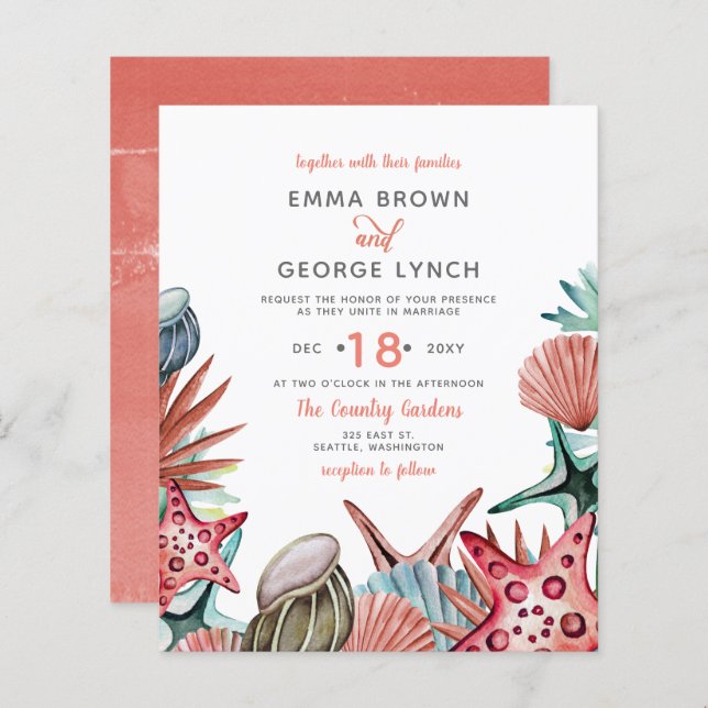 Papier Budget Coral Seashells Plage Mariage Invitation (Devant / Derrière)