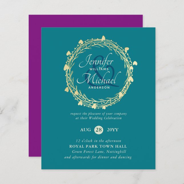 Papier BUDGET Couleur Tendances Gold Wreath Wedding Invit (Devant / Derrière)