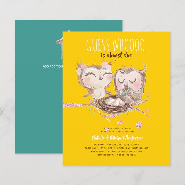 Papier BUDGET Couples Baby shower Cute Owls Woodland Inv. (Devant / Derrière)