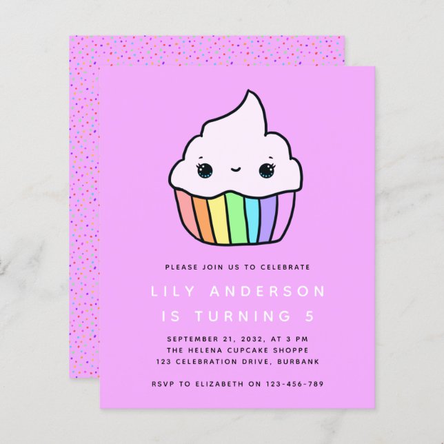 Papier Budget Cupcake Invitation de fête d'anniversaire d (Devant / Derrière)