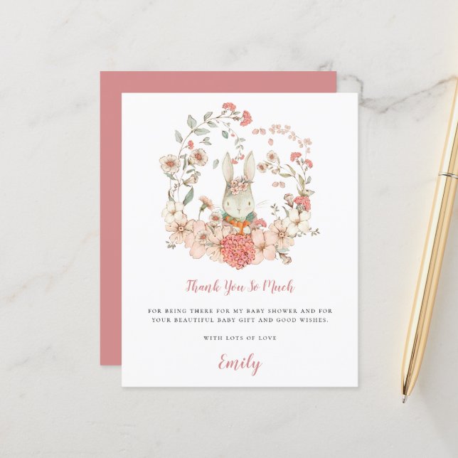 Papier Budget Cute Bunny Coral Baby shower Merci (Devant/Arrière en situation)