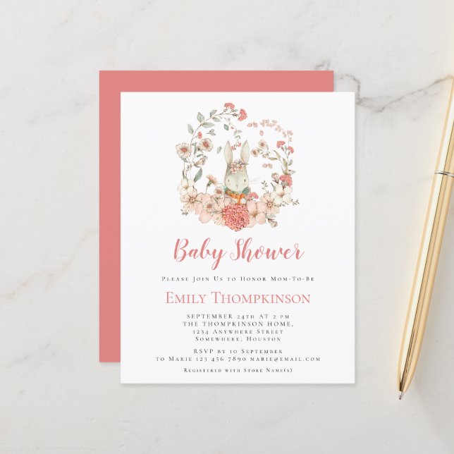 Papier Budget Cute Bunny Coral fille Baby shower Invitati (Devant/Arrière en situation)