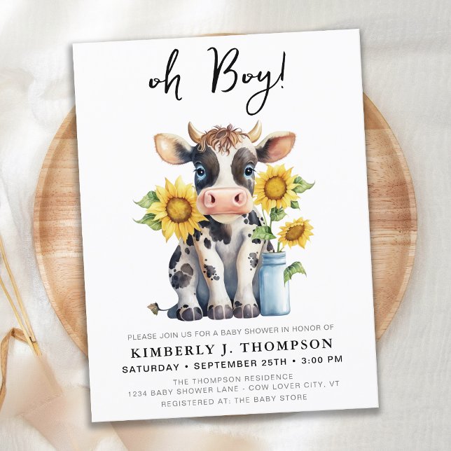 Papier Budget Cute Cow Sunflowers Baby shower Invitation (Créateur téléchargé)