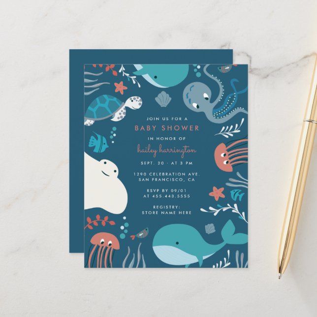 Papier Budget Cute Nautique Sous Le Baby shower Mer (Devant/Arrière en situation)