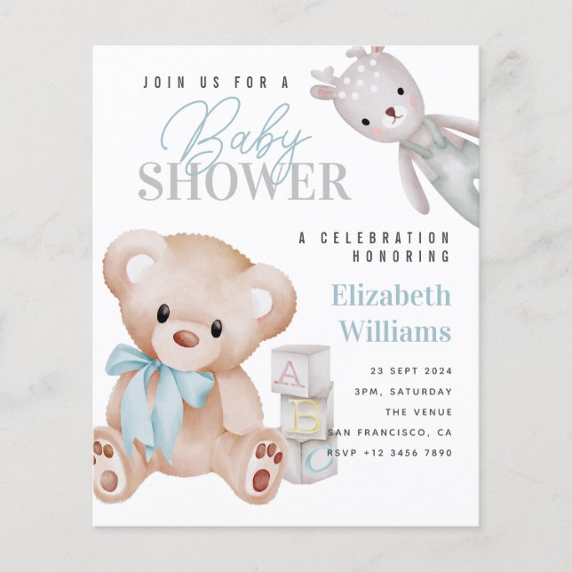 Papier BUDGET Cute Teddy Bear Baby shower Invitation (Devant)