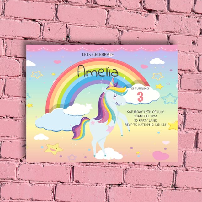 Papier BUDGET Cute Unicorn Rainbow Girls Invitation (Créateur téléchargé)