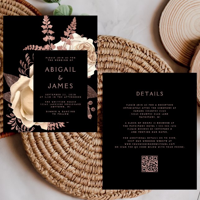 Papier Budget Dark Floral Rose or QR Code Mariage (Créateur téléchargé)