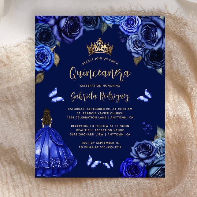 Papier Budget Dark Royal Blue Floral Princess Quinceañera (Créateur téléchargé)