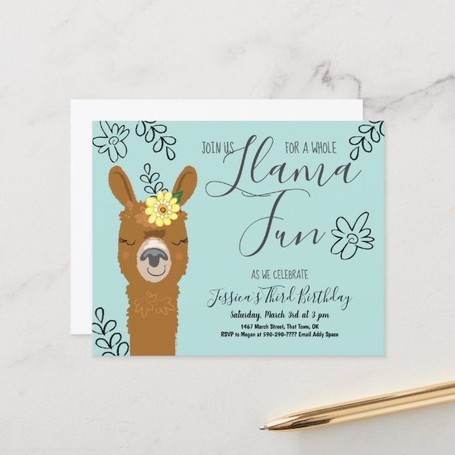 Papier Budget de la fête d'anniversaire de Llama (Devant/Arrière en situation)