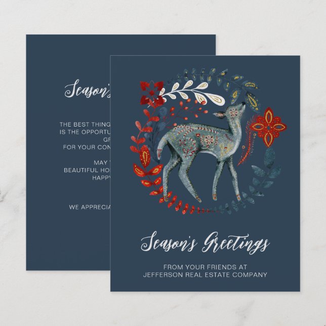 Papier Budget Deer Wreath Nordic Business Holiday Card (Devant / Derrière)