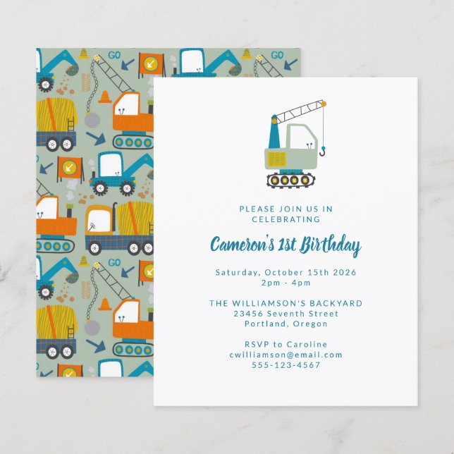 Papier Budget Diggers Camions Blue 1er Anniversaire Invit (Devant / Derrière)