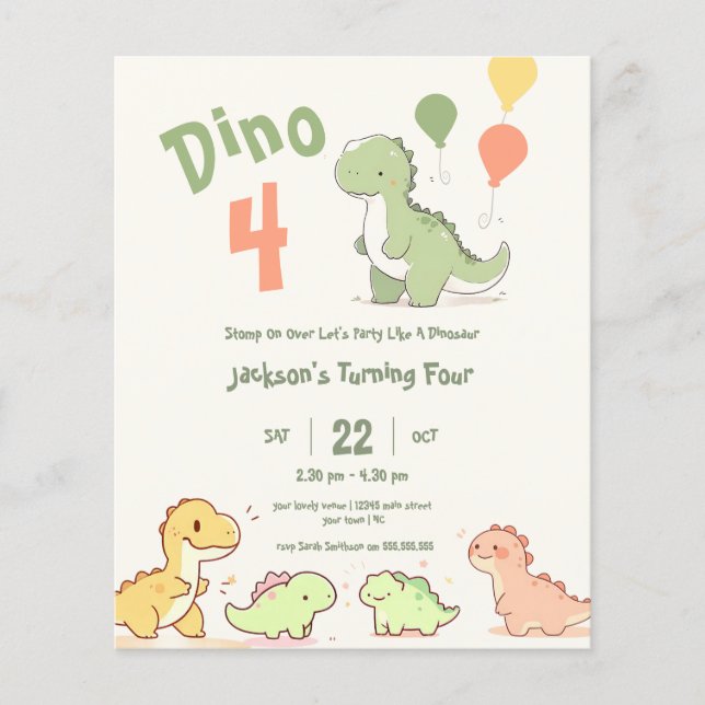 Papier Budget Dino 4 4e anniversaire de fête Invitation (Devant)