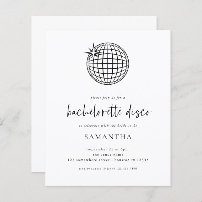 Papier Budget Disco Ball Script Bachelorette Invitation (Devant / Derrière)