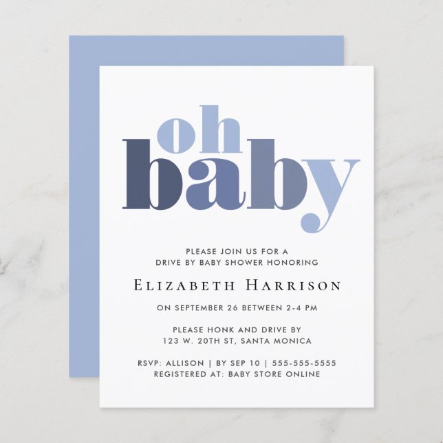 Papier Budget Drive By Baby Boy Shower Blue Invitation (Devant / Derrière)