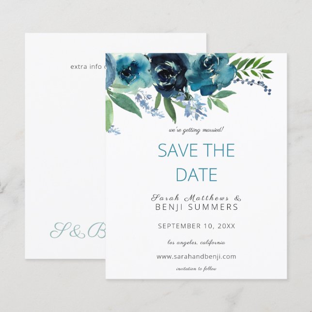 Papier Budget Dusty Blue 2 Floral Enregistrer la date V3 (Devant / Derrière)