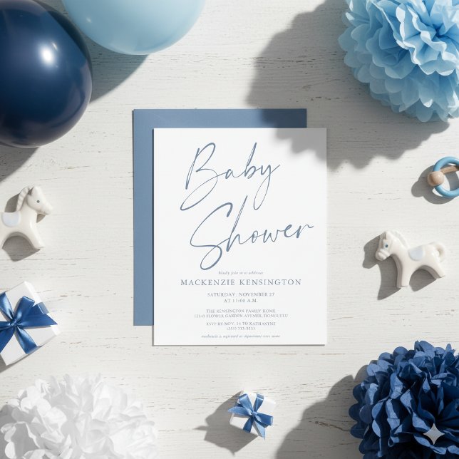 Papier Budget Dusty Blue Baby shower de script manuscrit (Budget Dusty Blue Handwritten Script Baby Shower Invitations)