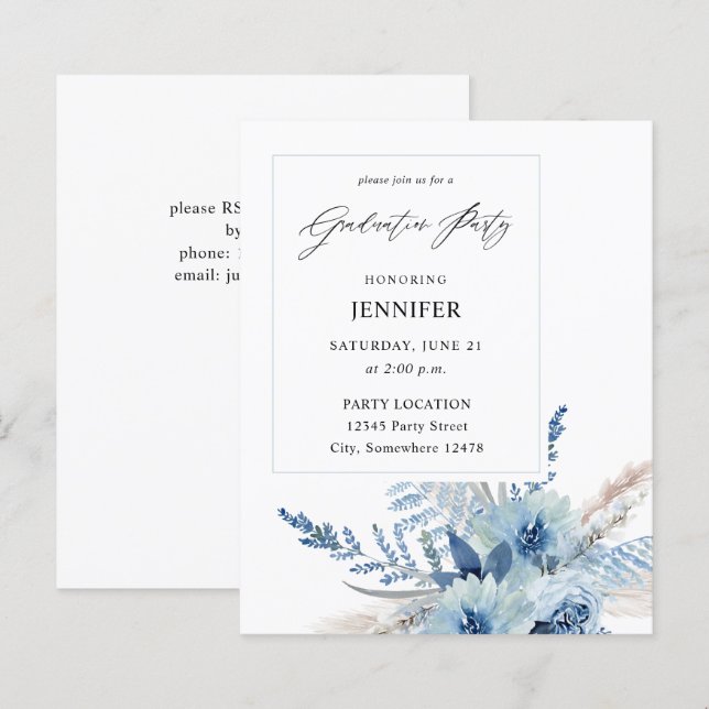 Papier Budget Dusty Blue Boho Floral Graduation Party (Devant / Derrière)