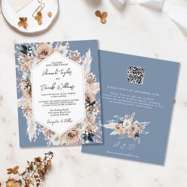 Papier Budget Dusty Blue Boho Mariage QR Code RSVP Invita (Créateur téléchargé)