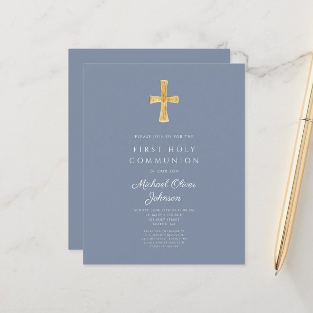 Papier Budget Dusty Blue Boy First Communion (Devant/Arrière en situation)