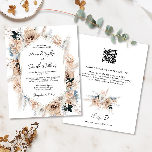 Papier Budget Dusty Blue Champagne Mariage QR Code Invita (Créateur téléchargé)