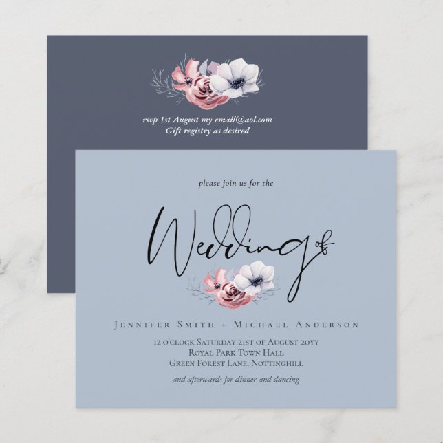 Papier Budget Dusty Blue Coral Floral Mariage Invitation (Devant / Derrière)
