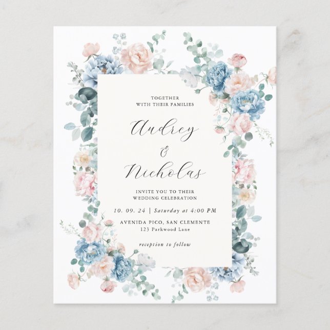Papier Budget Dusty Blue et Pêcher Élégant Mariage Floral (Devant)
