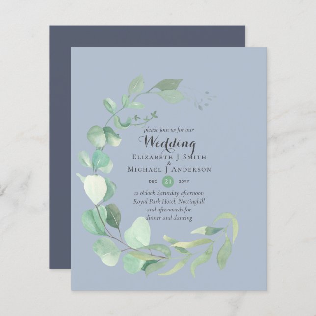Papier Budget Dusty Blue Eucalyptus Mariage Invite (Devant / Derrière)