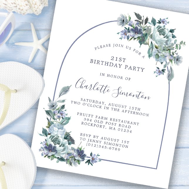 Papier Budget Dusty Blue Floral 21e anniversaire Invitati (Créateur téléchargé)