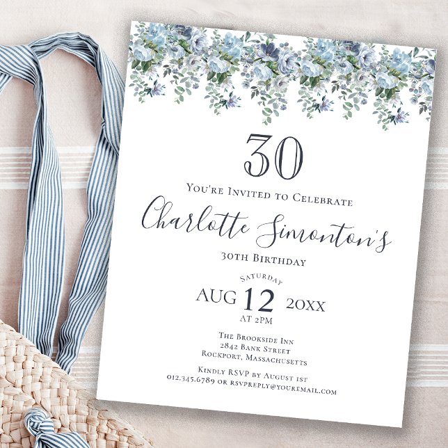Papier Budget Dusty Blue Floral 30e anniversaire Invitati (Créateur téléchargé)