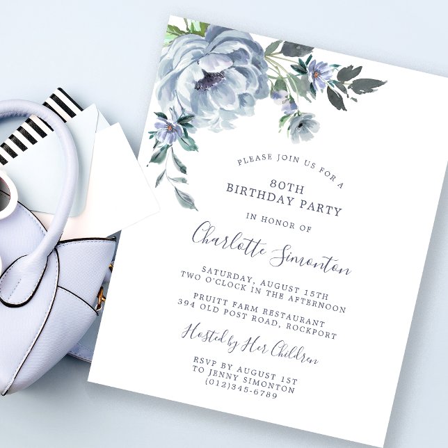 Papier Budget Dusty Blue Floral 80e anniversaire Invitati (Créateur téléchargé)