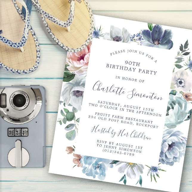 Papier Budget Dusty Blue Floral 90e anniversaire Invitati (Créateur téléchargé)