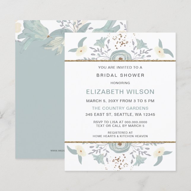 Papier Budget Dusty Blue Floral Bridal Shower Invitation (Devant / Derrière)