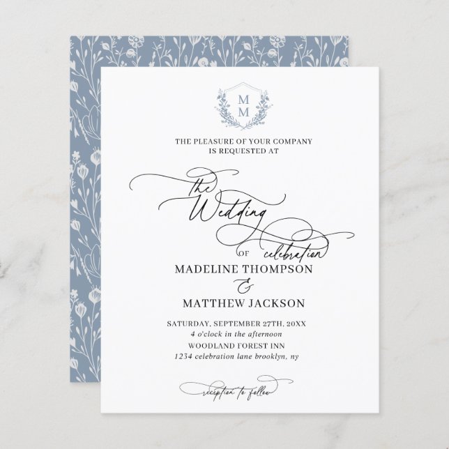 Papier Budget Dusty Blue Floral Crest Monogramme Mariage (Devant / Derrière)