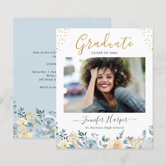 Papier Budget Dusty Blue Floral Graduation Faire-part (Devant / Derrière)