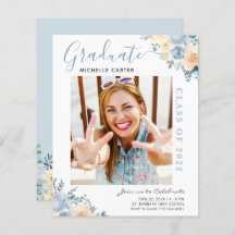 Budget Dusty Blue Floral Graduation Faire-part