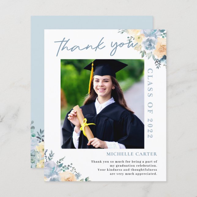Papier Budget Dusty Blue Floral Graduation Merci (Devant / Derrière)